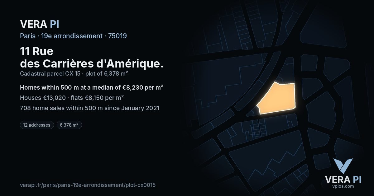 11 Rue des Carrières d'Amérique, 19e arrondissement at night – the plot lit, the parcels around coloured by the prices near them