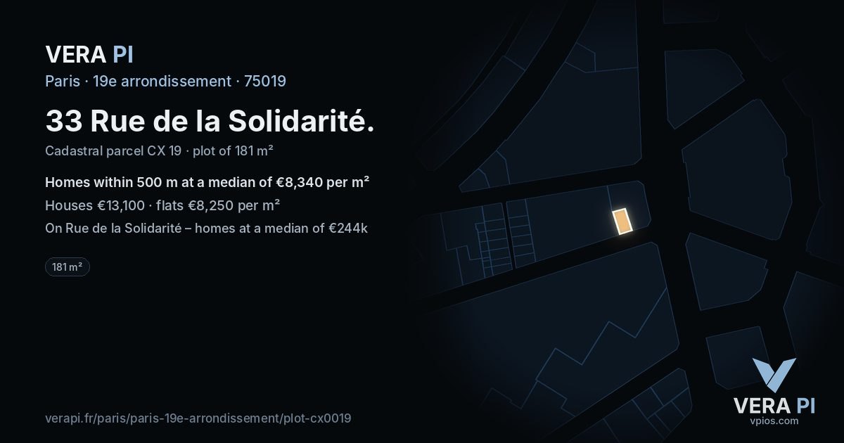 33 Rue de la Solidarité, 19e arrondissement at night – the plot lit, the parcels around coloured by the prices near them