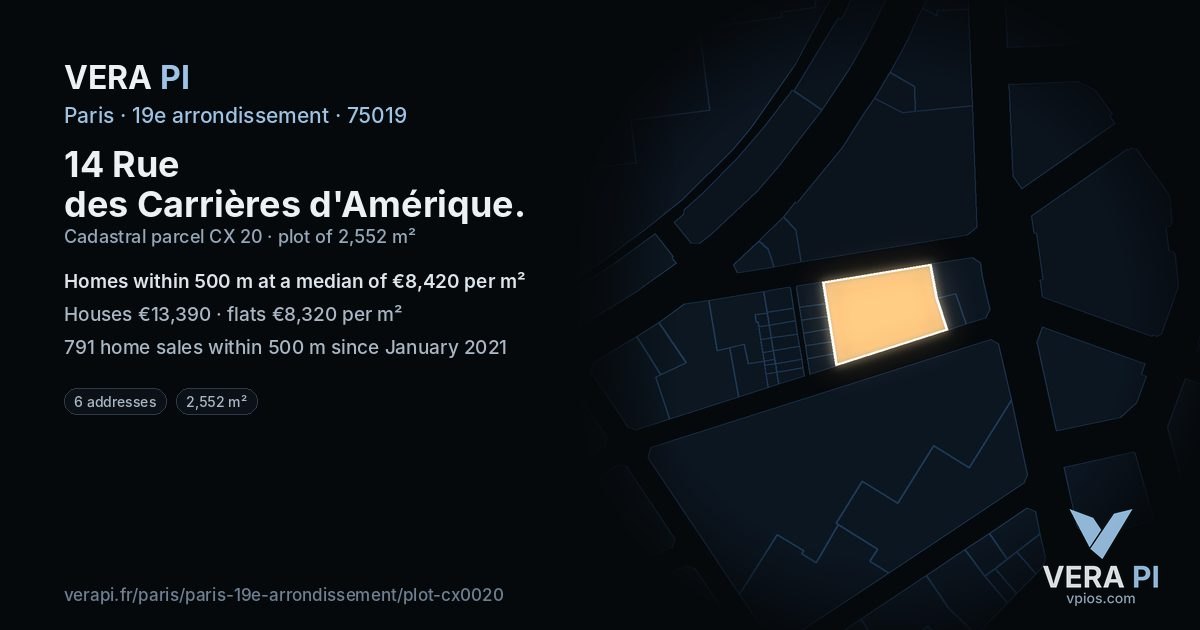 14 Rue des Carrières d'Amérique, 19e arrondissement at night – the plot lit, the parcels around coloured by the prices near them
