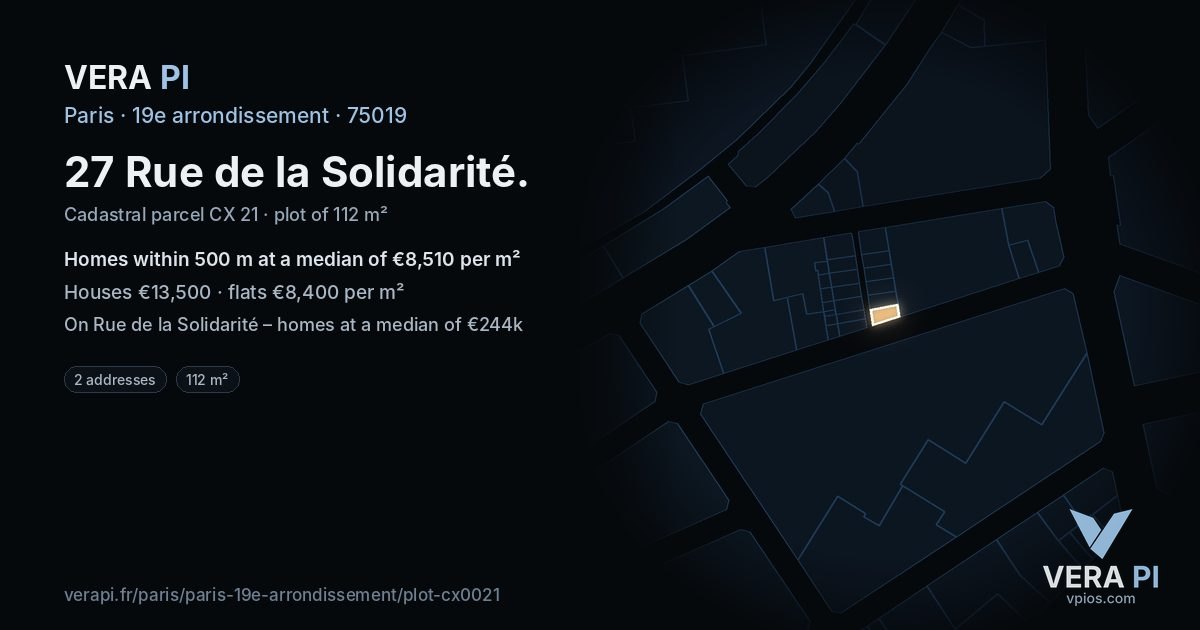27 Rue de la Solidarité, 19e arrondissement at night – the plot lit, the parcels around coloured by the prices near them
