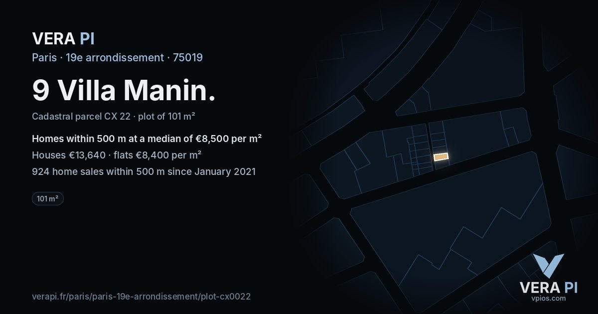9 Villa Manin, 19e arrondissement at night – the plot lit, the parcels around coloured by the prices near them