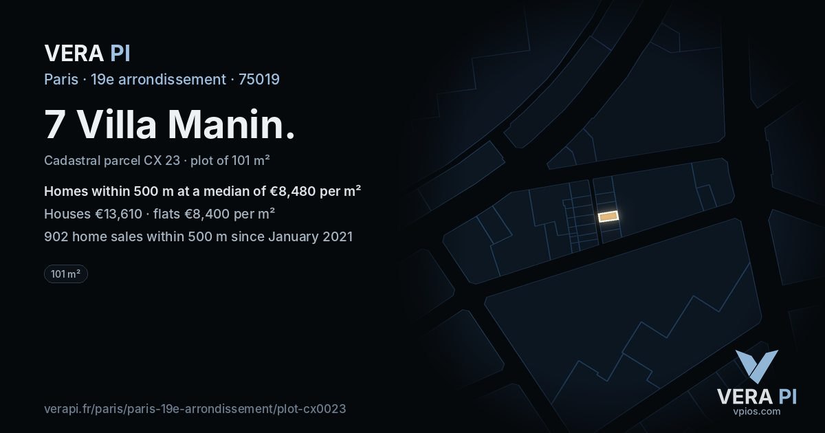 7 Villa Manin, 19e arrondissement at night – the plot lit, the parcels around coloured by the prices near them