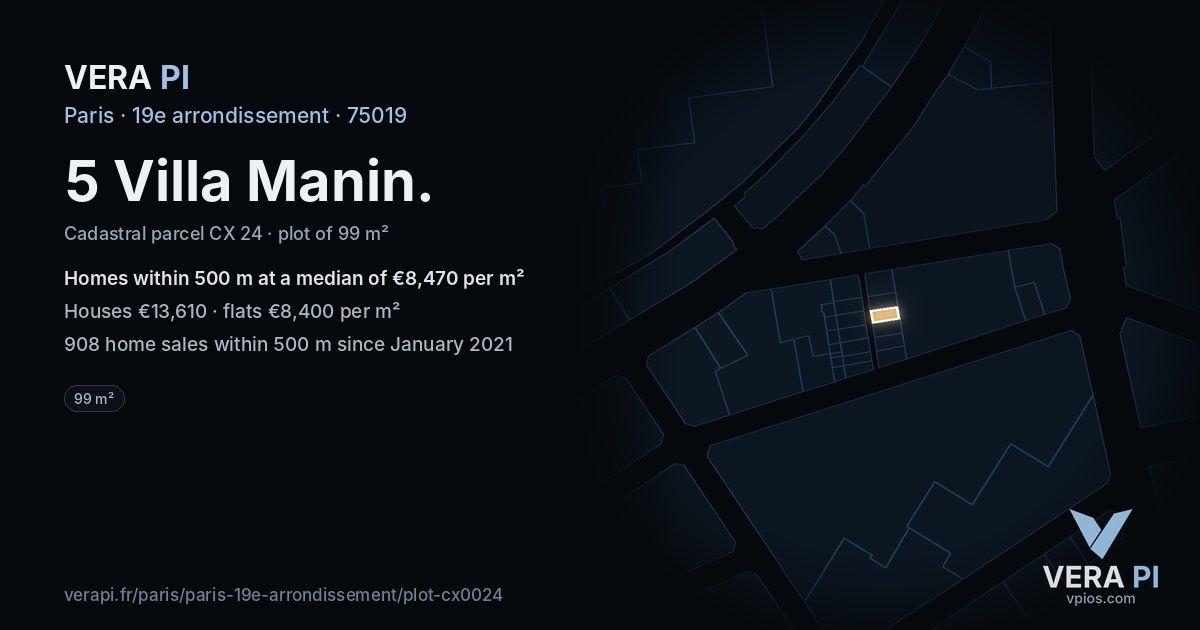 5 Villa Manin, 19e arrondissement at night – the plot lit, the parcels around coloured by the prices near them