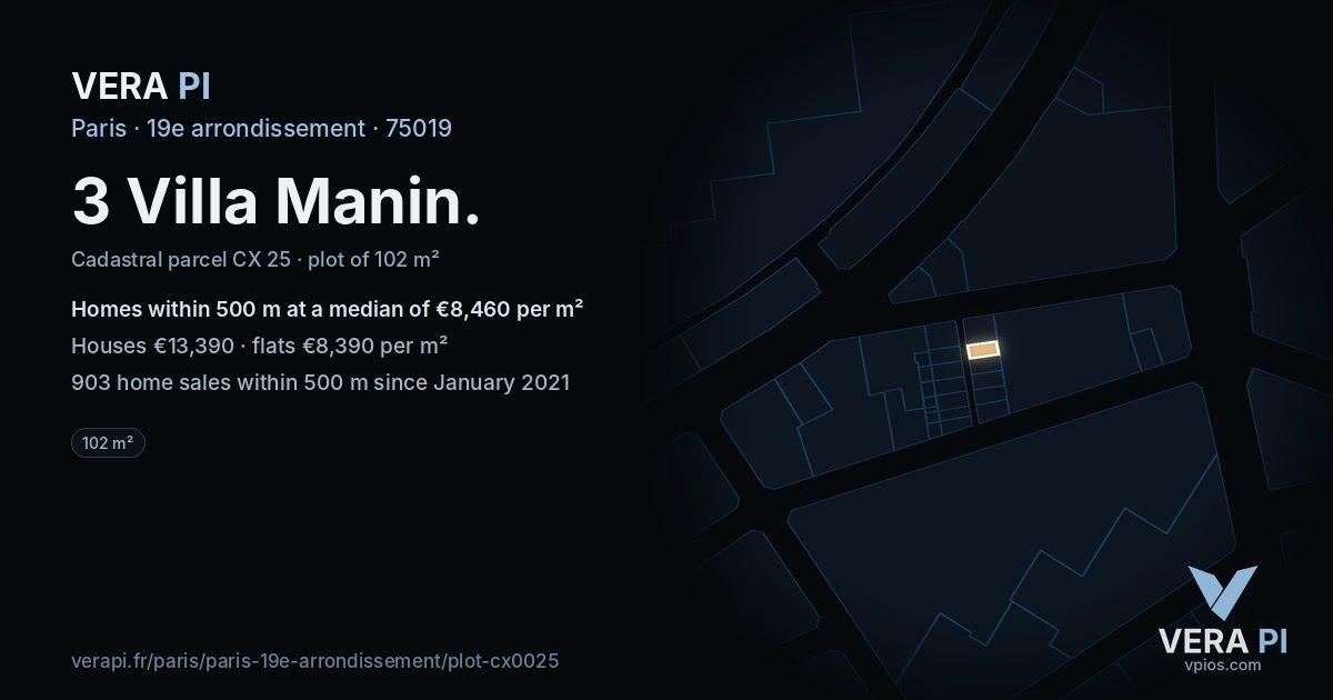 3 Villa Manin, 19e arrondissement at night – the plot lit, the parcels around coloured by the prices near them