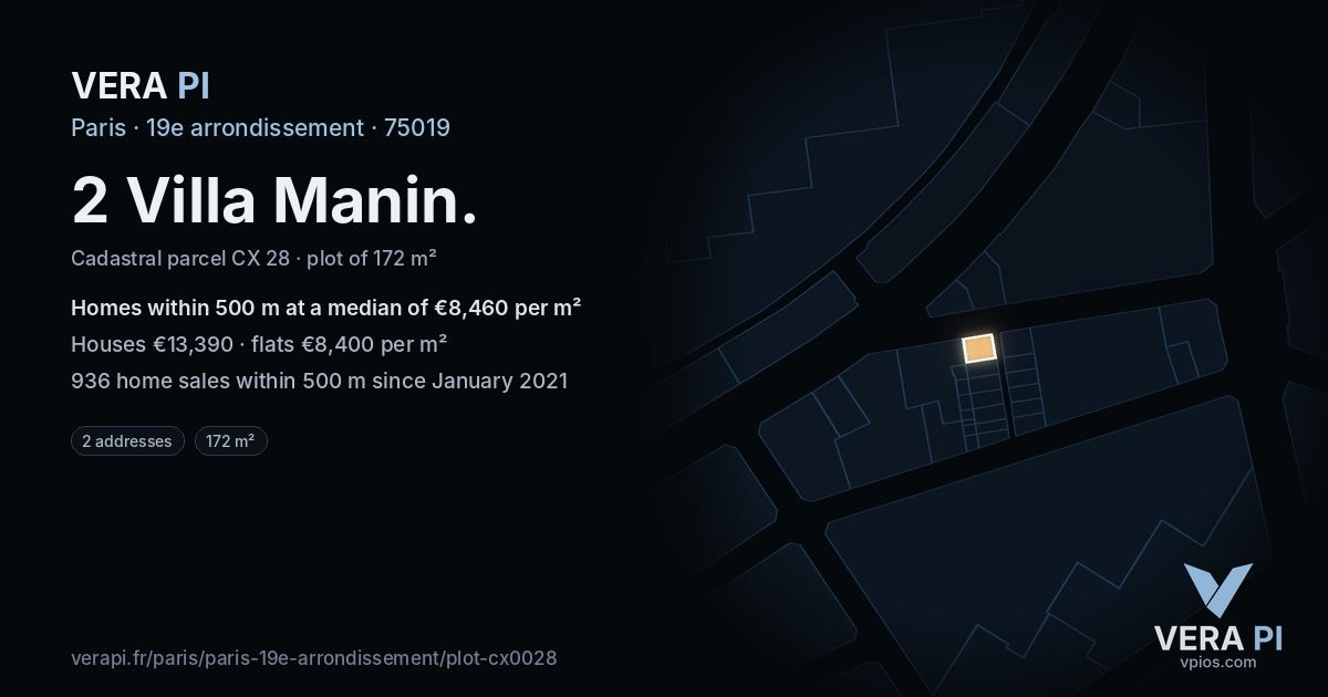 2 Villa Manin, 19e arrondissement at night – the plot lit, the parcels around coloured by the prices near them