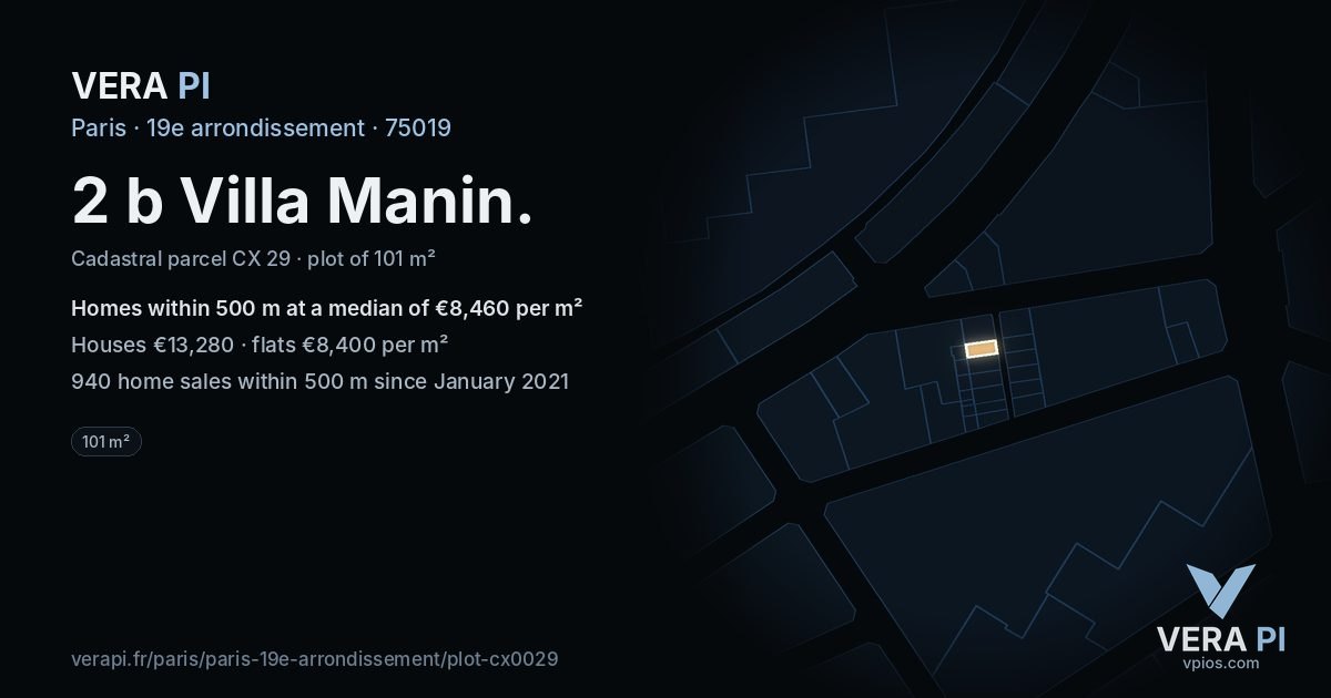 2 b Villa Manin, 19e arrondissement at night – the plot lit, the parcels around coloured by the prices near them
