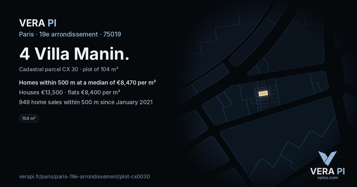 4 Villa Manin, 19e arrondissement at night – the plot lit, the parcels around coloured by the prices near them