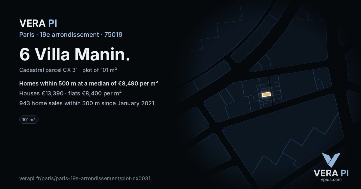 6 Villa Manin, 19e arrondissement at night – the plot lit, the parcels around coloured by the prices near them