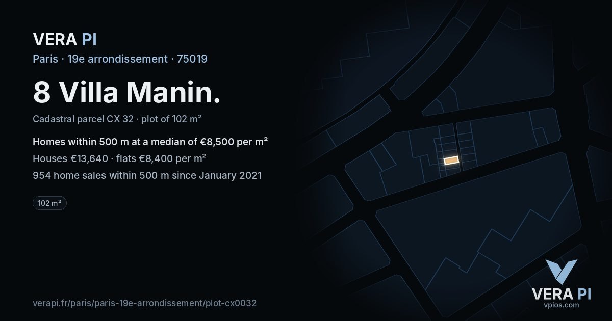 8 Villa Manin, 19e arrondissement at night – the plot lit, the parcels around coloured by the prices near them