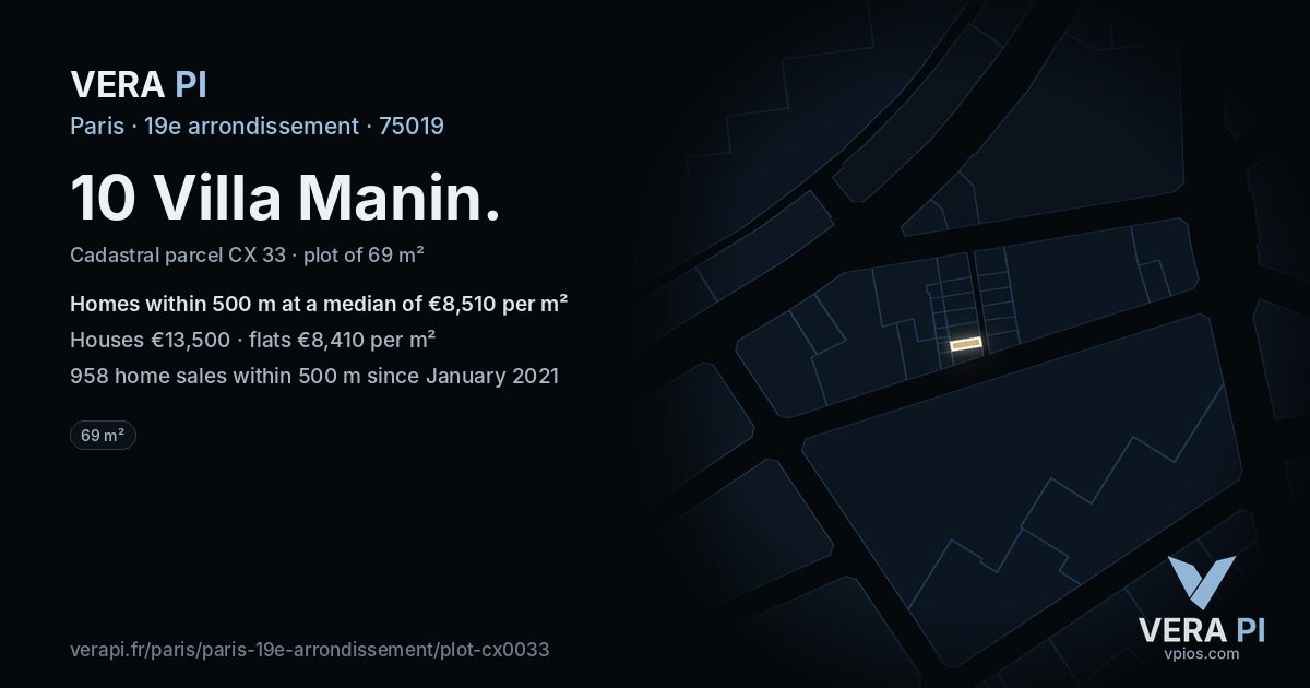 10 Villa Manin, 19e arrondissement at night – the plot lit, the parcels around coloured by the prices near them