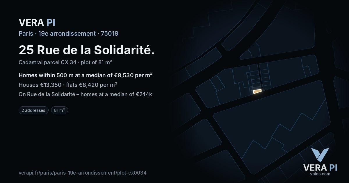 25 Rue de la Solidarité, 19e arrondissement at night – the plot lit, the parcels around coloured by the prices near them