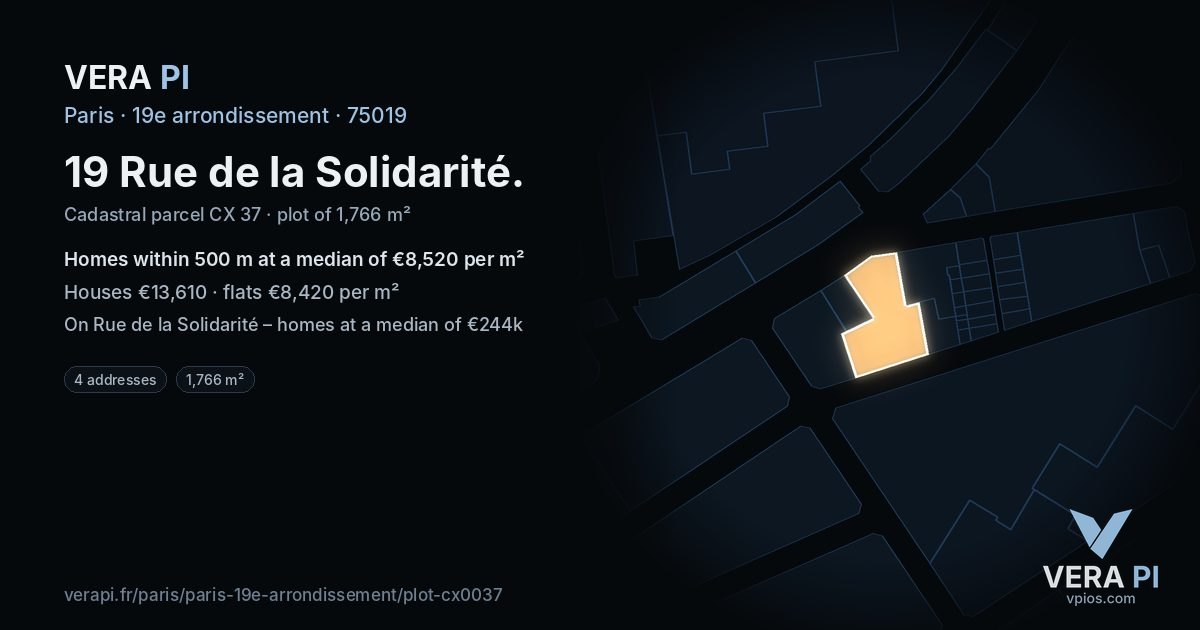 19 Rue de la Solidarité, 19e arrondissement at night – the plot lit, the parcels around coloured by the prices near them