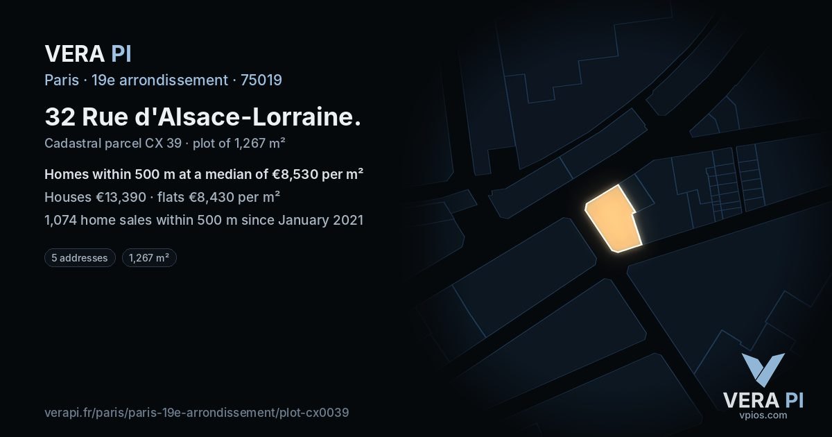 32 Rue d'Alsace-Lorraine, 19e arrondissement at night – the plot lit, the parcels around coloured by the prices near them