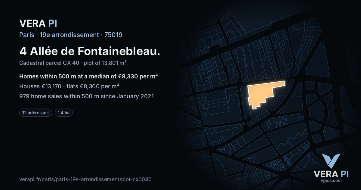 4 Allée de Fontainebleau, 19e arrondissement at night – the plot lit, the parcels around coloured by the prices near them