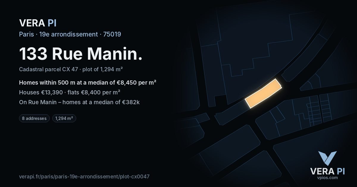 133 Rue Manin, 19e arrondissement at night – the plot lit, the parcels around coloured by the prices near them