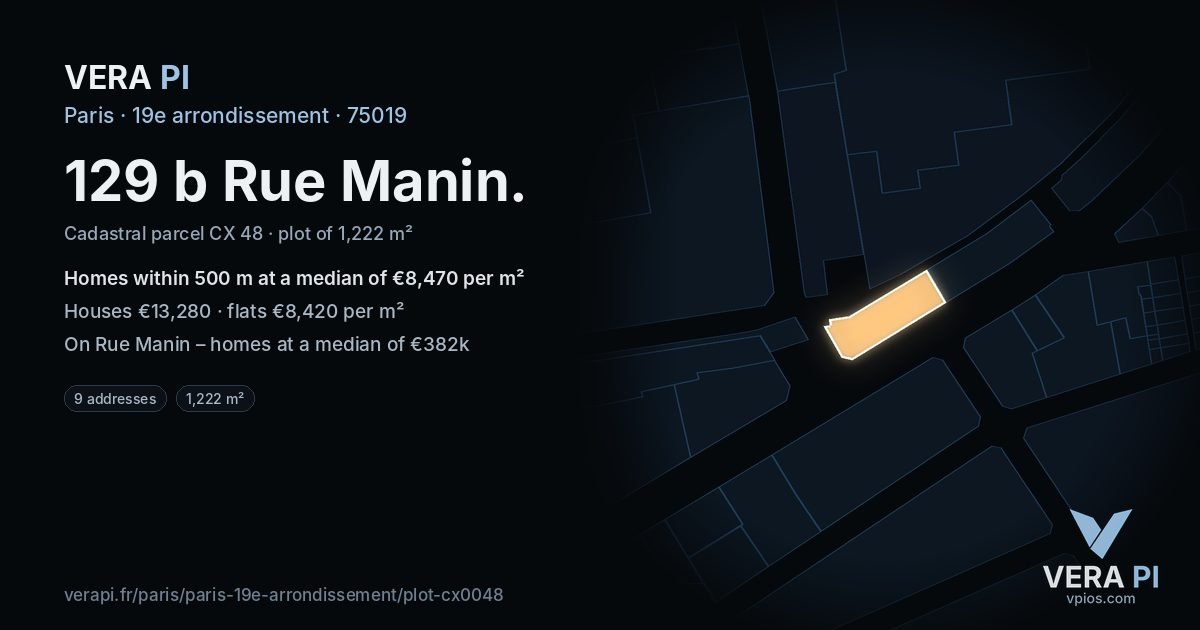 129 b Rue Manin, 19e arrondissement at night – the plot lit, the parcels around coloured by the prices near them