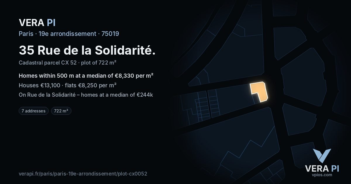 35 Rue de la Solidarité, 19e arrondissement at night – the plot lit, the parcels around coloured by the prices near them
