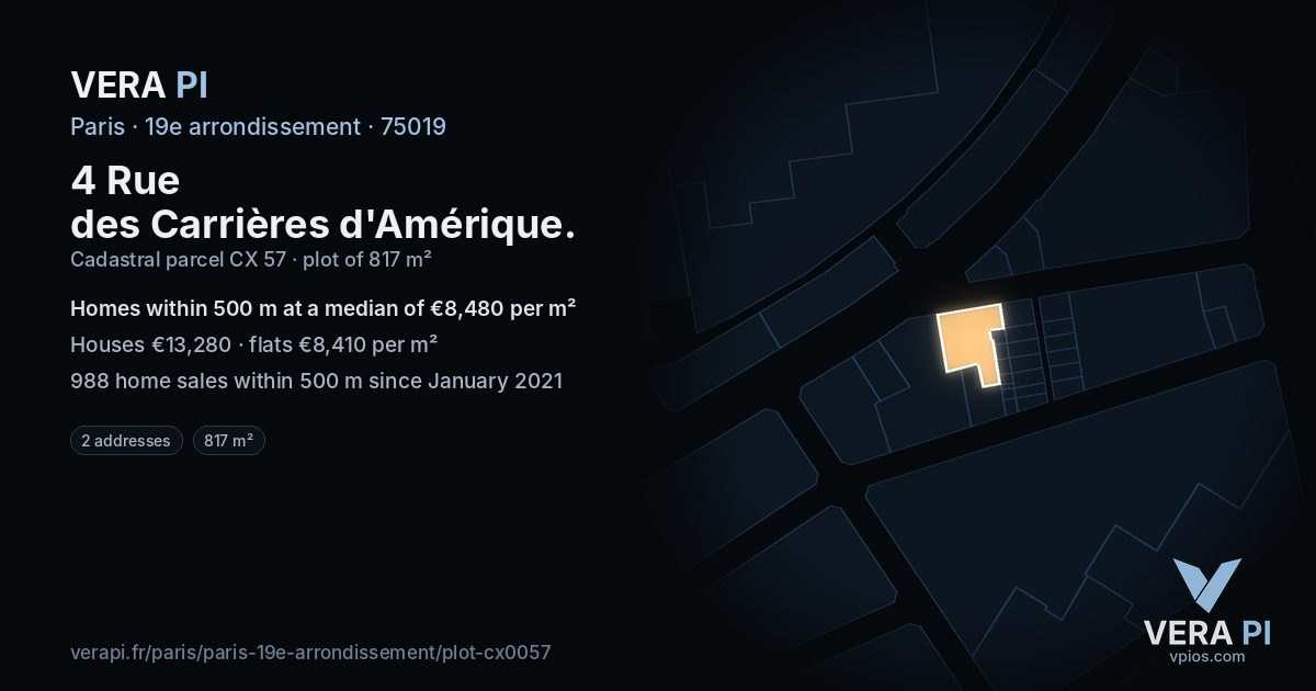4 Rue des Carrières d'Amérique, 19e arrondissement at night – the plot lit, the parcels around coloured by the prices near them
