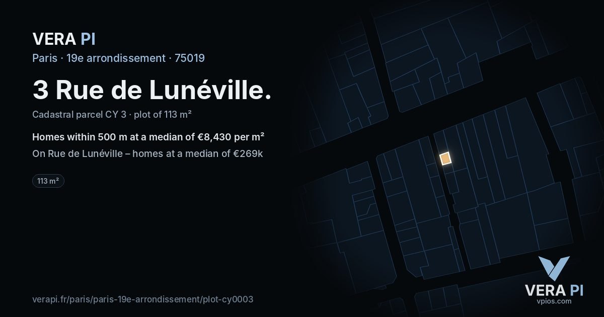 3 Rue de Lunéville, 19e arrondissement at night – the plot lit, the parcels around coloured by the prices near them