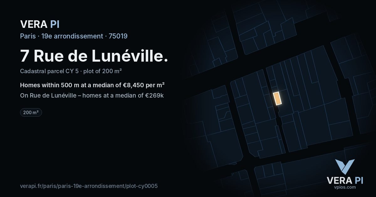7 Rue de Lunéville, 19e arrondissement at night – the plot lit, the parcels around coloured by the prices near them