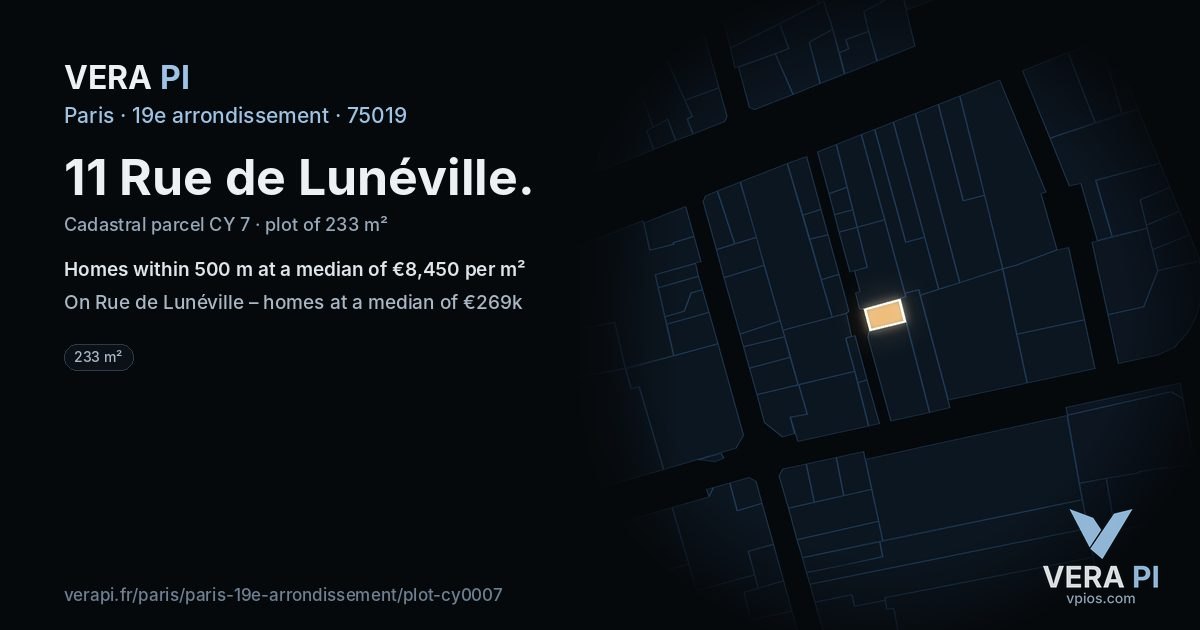 11 Rue de Lunéville, 19e arrondissement at night – the plot lit, the parcels around coloured by the prices near them