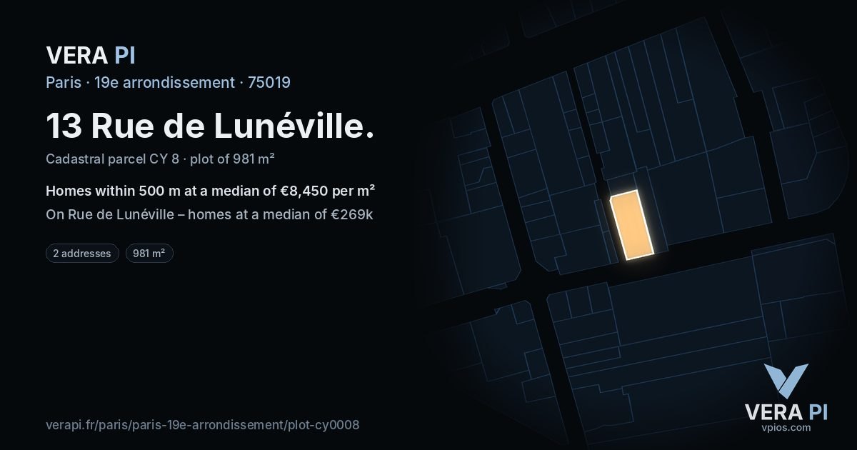 13 Rue de Lunéville, 19e arrondissement at night – the plot lit, the parcels around coloured by the prices near them