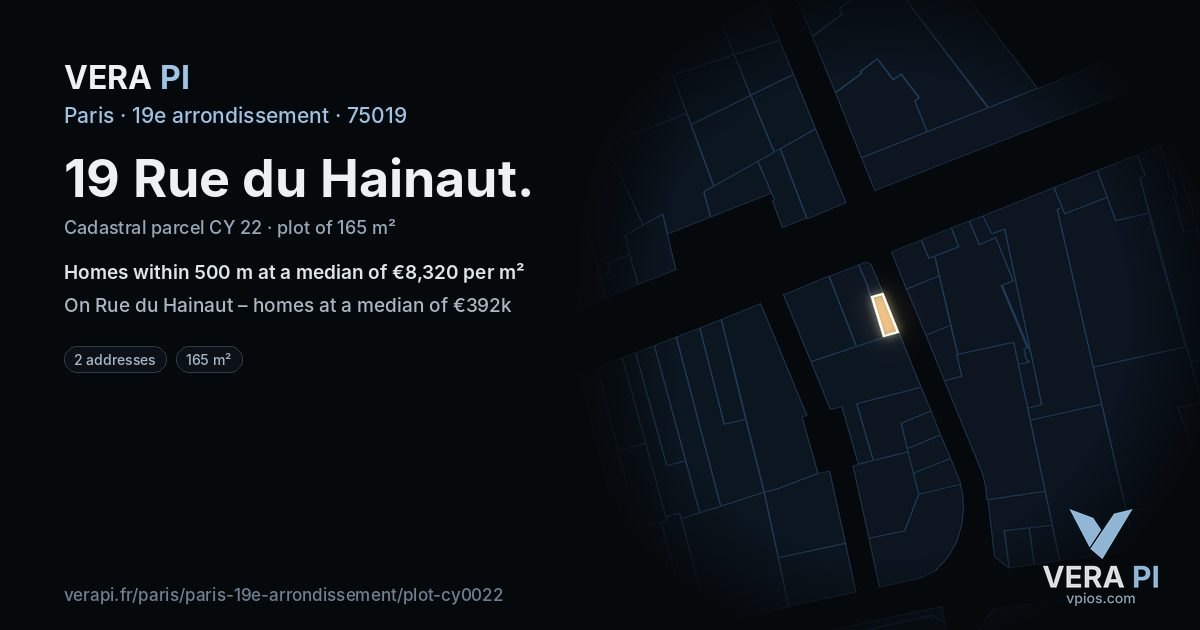 19 Rue du Hainaut, 19e arrondissement at night – the plot lit, the parcels around coloured by the prices near them