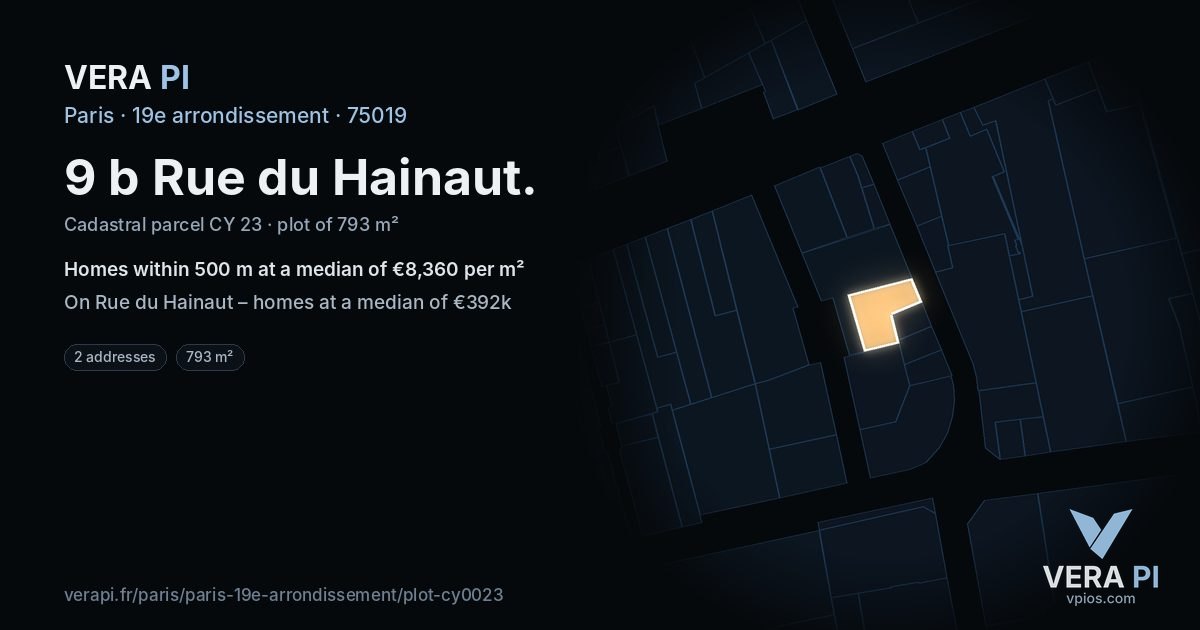 9 b Rue du Hainaut, 19e arrondissement at night – the plot lit, the parcels around coloured by the prices near them