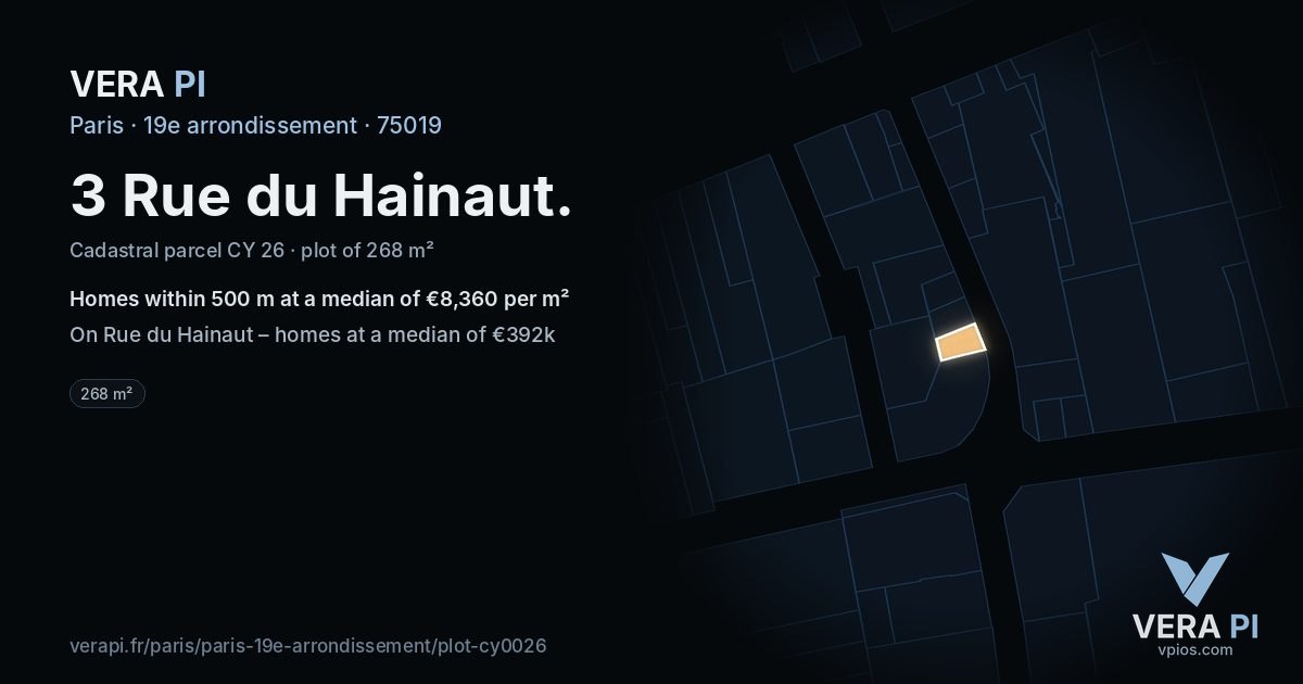 3 Rue du Hainaut, 19e arrondissement at night – the plot lit, the parcels around coloured by the prices near them