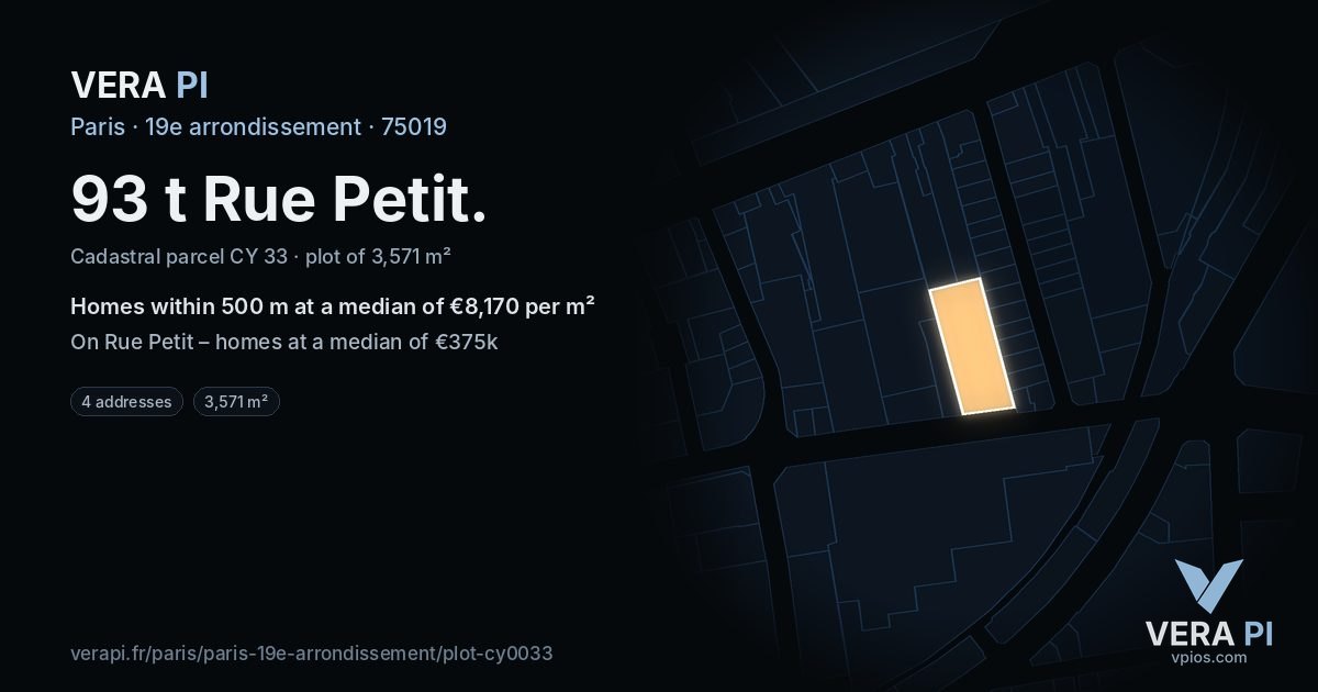 93 t Rue Petit, 19e arrondissement at night – the plot lit, the parcels around coloured by the prices near them