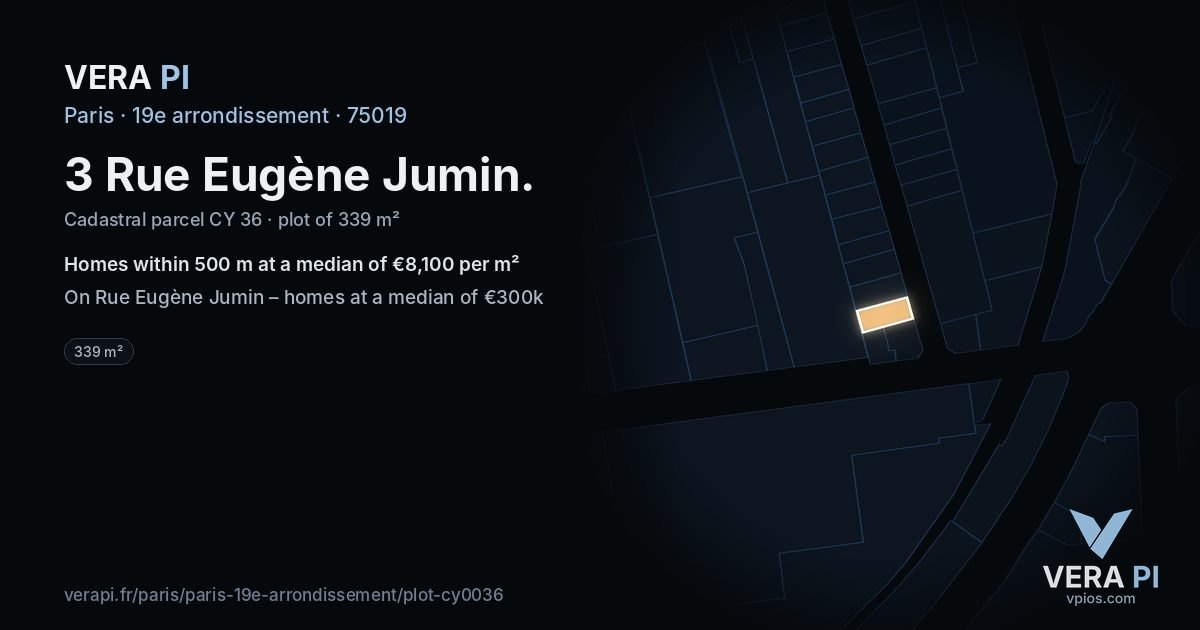 3 Rue Eugène Jumin, 19e arrondissement at night – the plot lit, the parcels around coloured by the prices near them