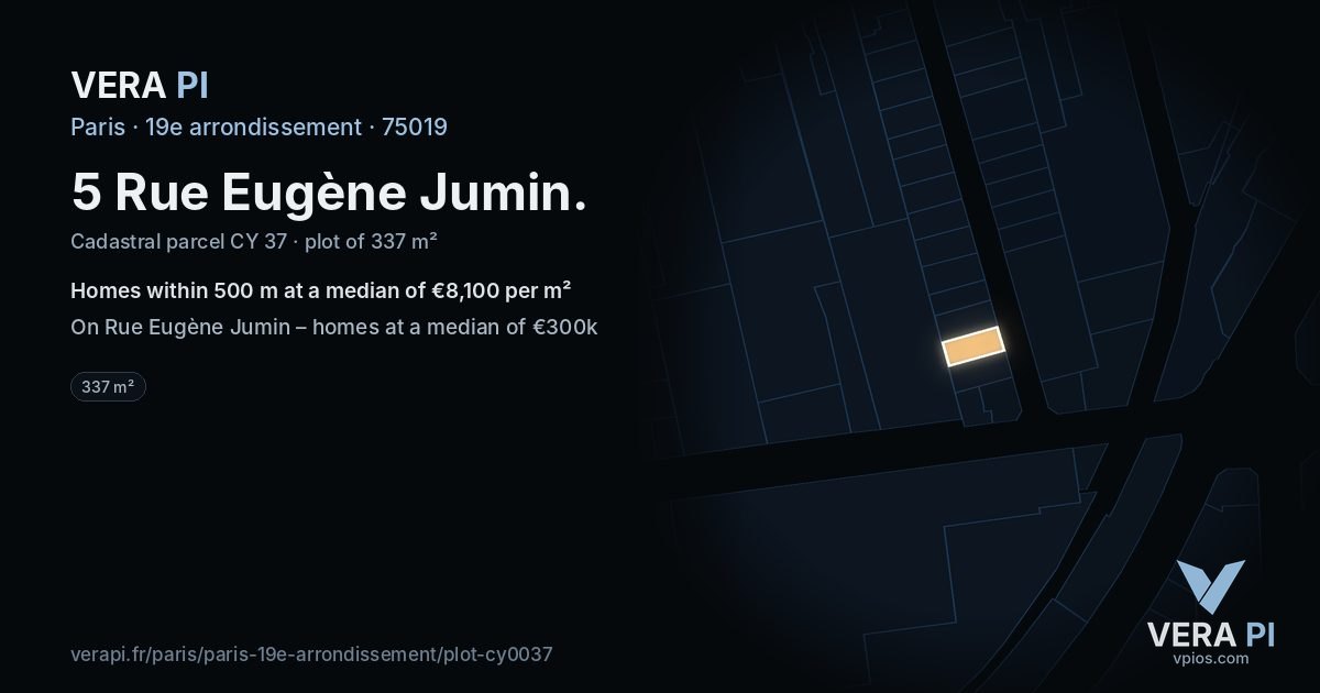 5 Rue Eugène Jumin, 19e arrondissement at night – the plot lit, the parcels around coloured by the prices near them