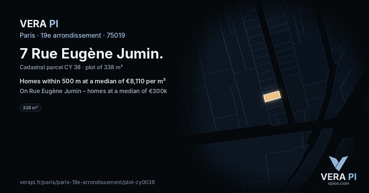 7 Rue Eugène Jumin, 19e arrondissement at night – the plot lit, the parcels around coloured by the prices near them