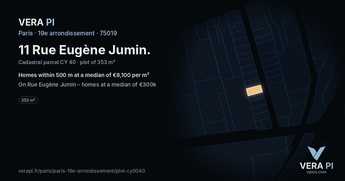 11 Rue Eugène Jumin, 19e arrondissement at night – the plot lit, the parcels around coloured by the prices near them