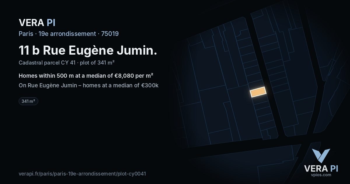 11 b Rue Eugène Jumin, 19e arrondissement at night – the plot lit, the parcels around coloured by the prices near them