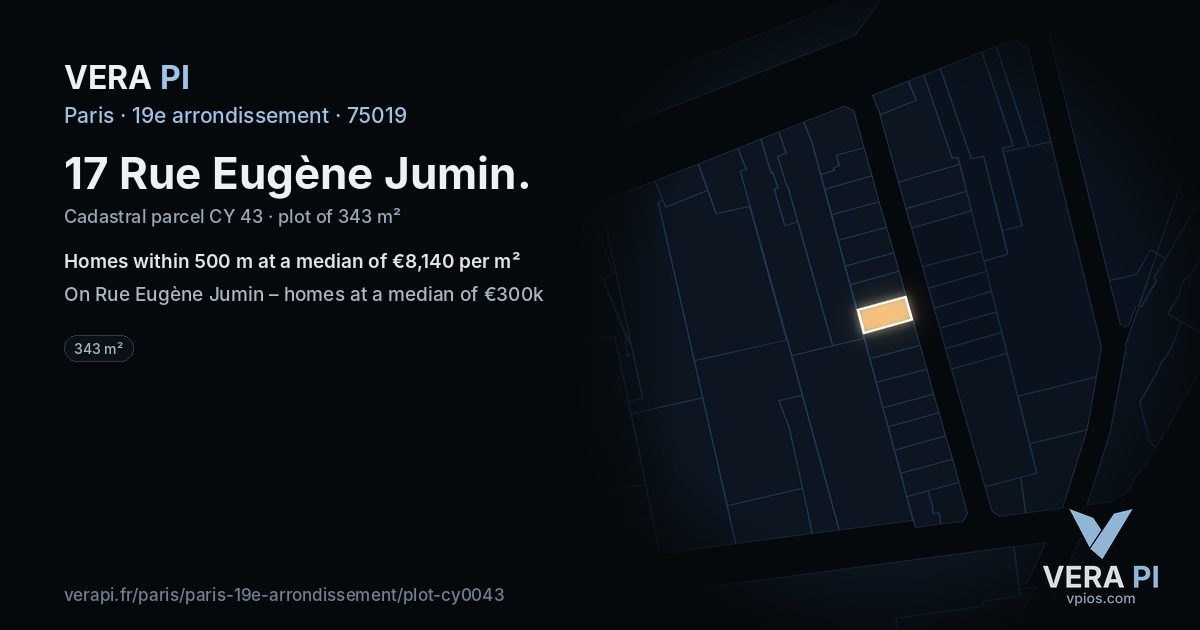17 Rue Eugène Jumin, 19e arrondissement at night – the plot lit, the parcels around coloured by the prices near them