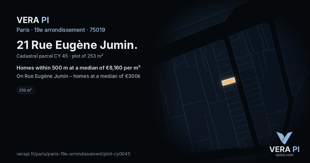 21 Rue Eugène Jumin, 19e arrondissement at night – the plot lit, the parcels around coloured by the prices near them