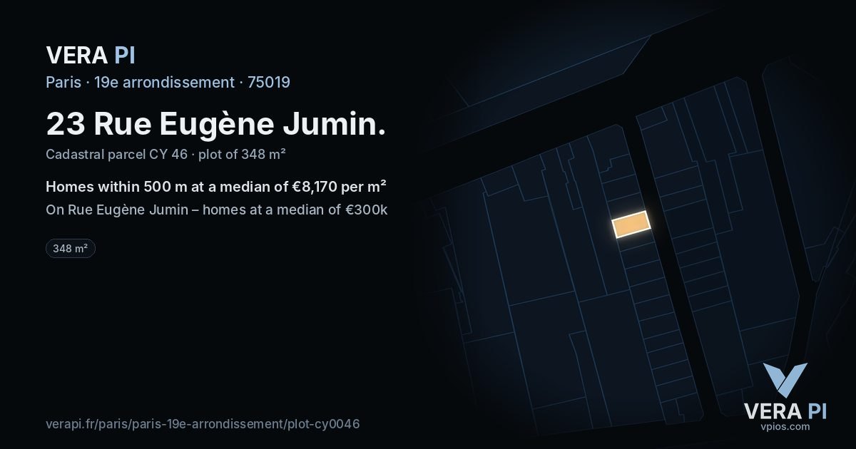 23 Rue Eugène Jumin, 19e arrondissement at night – the plot lit, the parcels around coloured by the prices near them