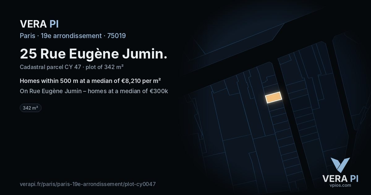 25 Rue Eugène Jumin, 19e arrondissement at night – the plot lit, the parcels around coloured by the prices near them