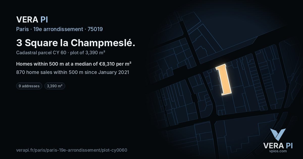 3 Square la Champmeslé, 19e arrondissement at night – the plot lit, the parcels around coloured by the prices near them