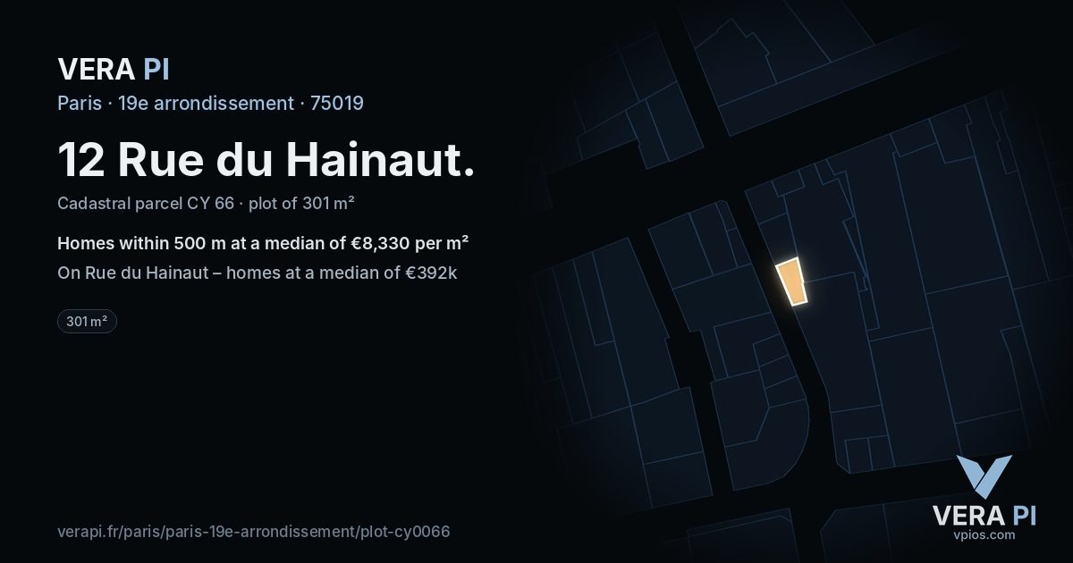 12 Rue du Hainaut, 19e arrondissement at night – the plot lit, the parcels around coloured by the prices near them