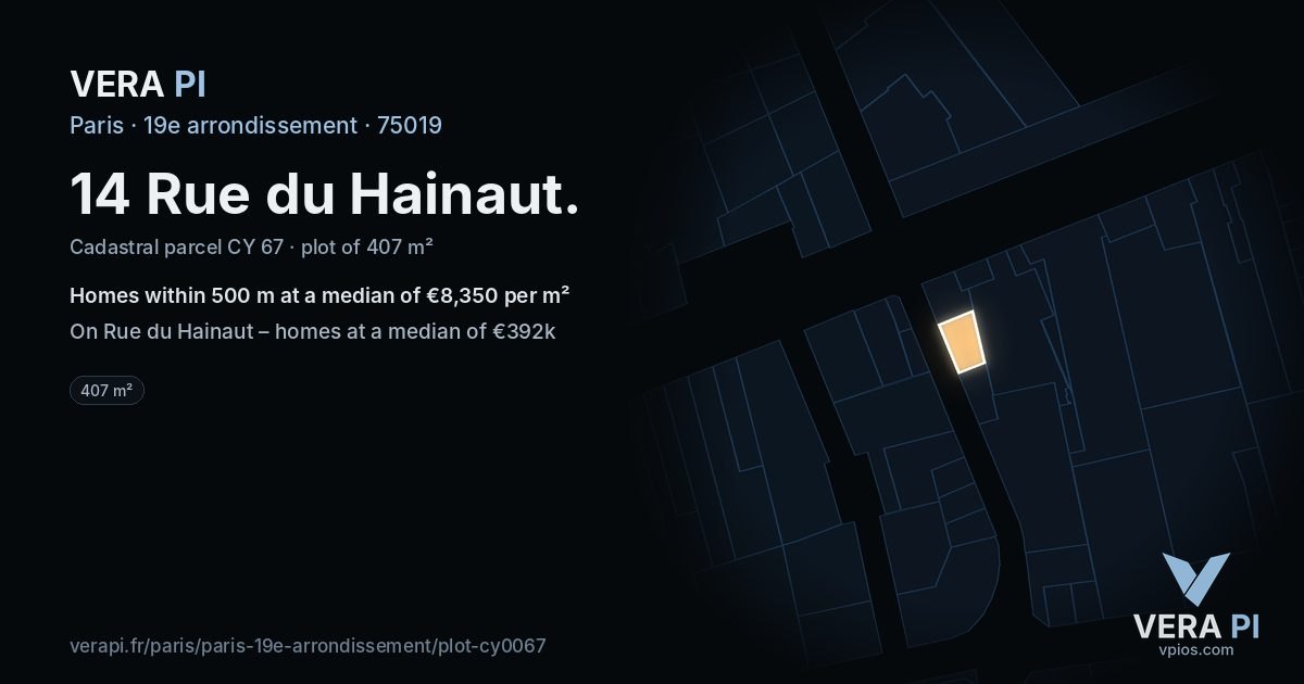 14 Rue du Hainaut, 19e arrondissement at night – the plot lit, the parcels around coloured by the prices near them