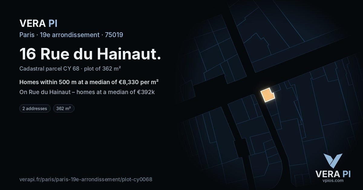 16 Rue du Hainaut, 19e arrondissement at night – the plot lit, the parcels around coloured by the prices near them