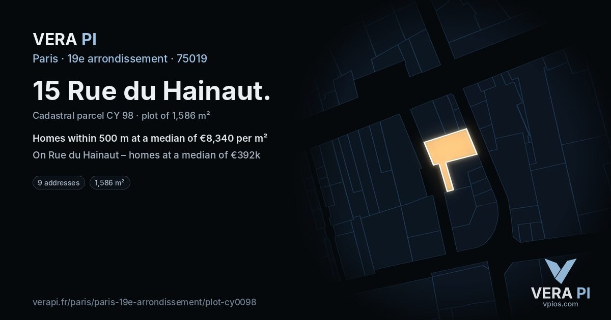 15 Rue du Hainaut, 19e arrondissement at night – the plot lit, the parcels around coloured by the prices near them