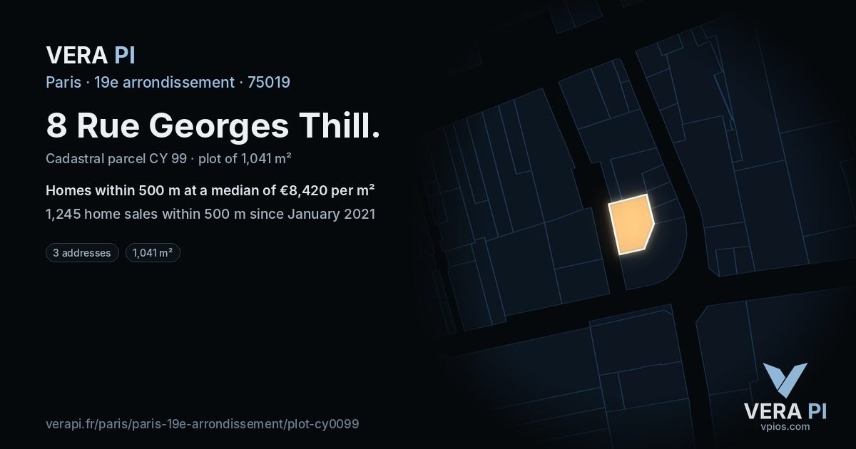 8 Rue Georges Thill, 19e arrondissement at night – the plot lit, the parcels around coloured by the prices near them