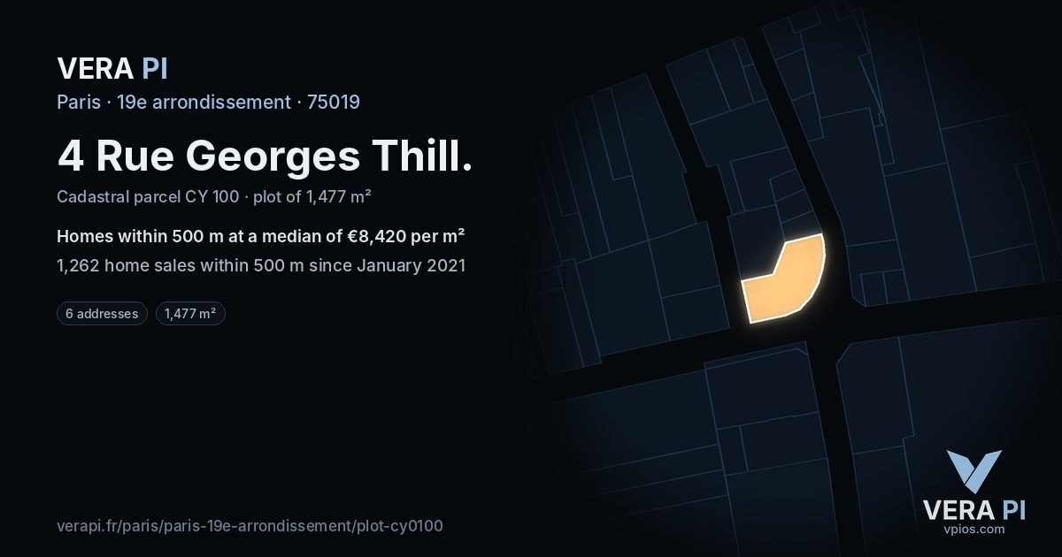 4 Rue Georges Thill, 19e arrondissement at night – the plot lit, the parcels around coloured by the prices near them