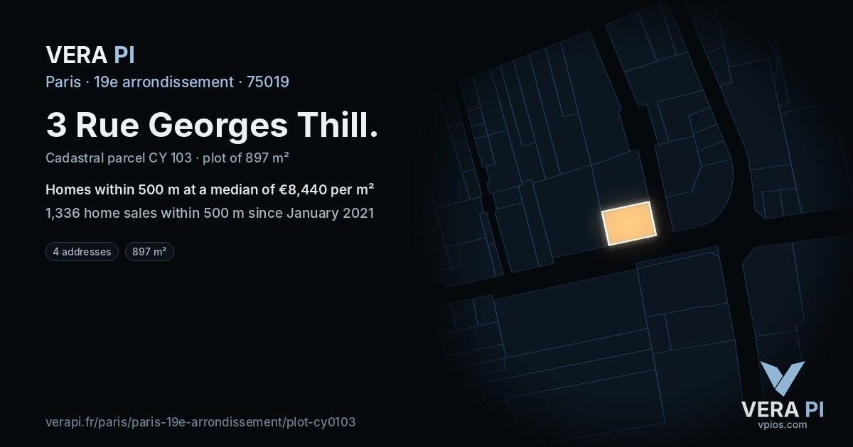 3 Rue Georges Thill, 19e arrondissement at night – the plot lit, the parcels around coloured by the prices near them