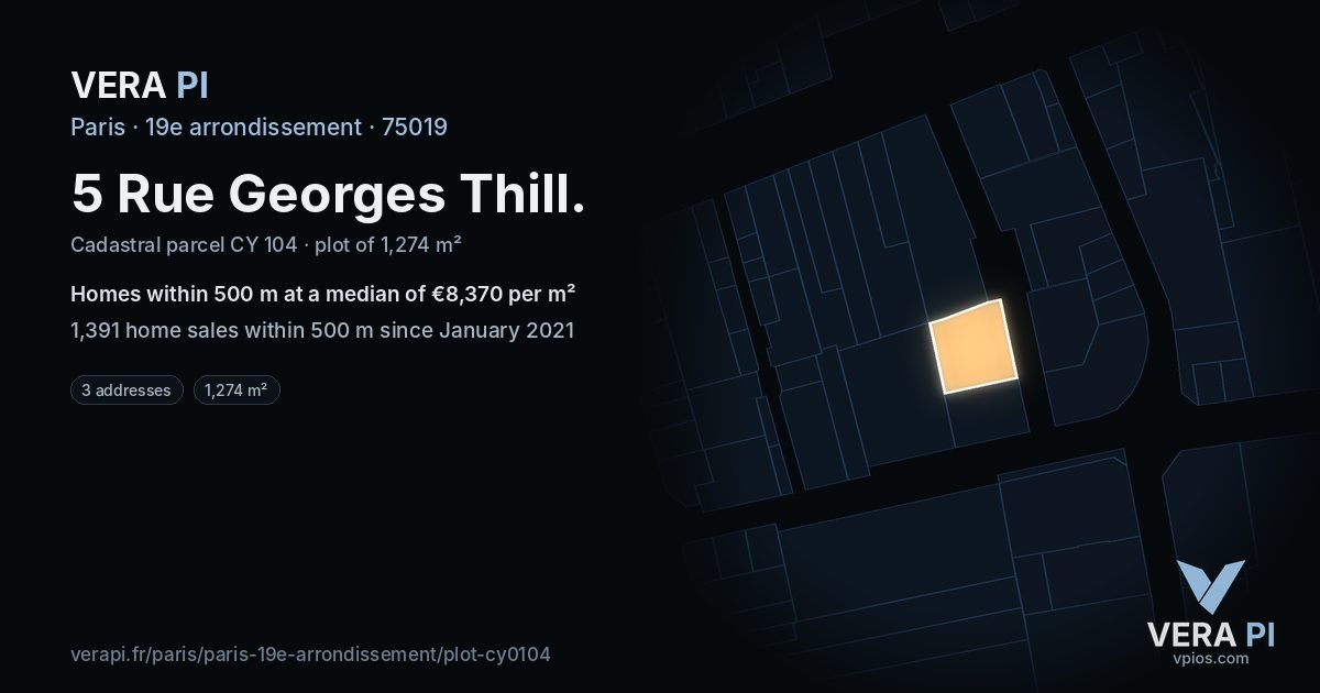 5 Rue Georges Thill, 19e arrondissement at night – the plot lit, the parcels around coloured by the prices near them