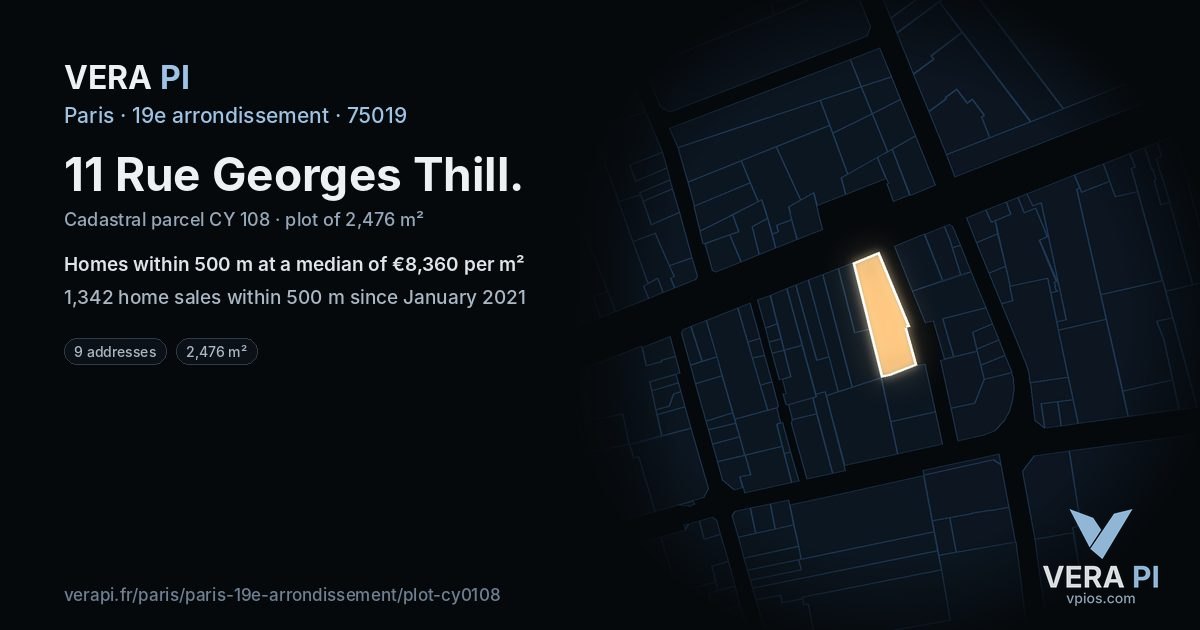 11 Rue Georges Thill, 19e arrondissement at night – the plot lit, the parcels around coloured by the prices near them