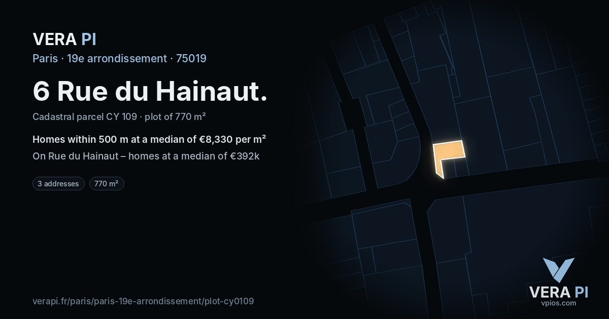 6 Rue du Hainaut, 19e arrondissement at night – the plot lit, the parcels around coloured by the prices near them